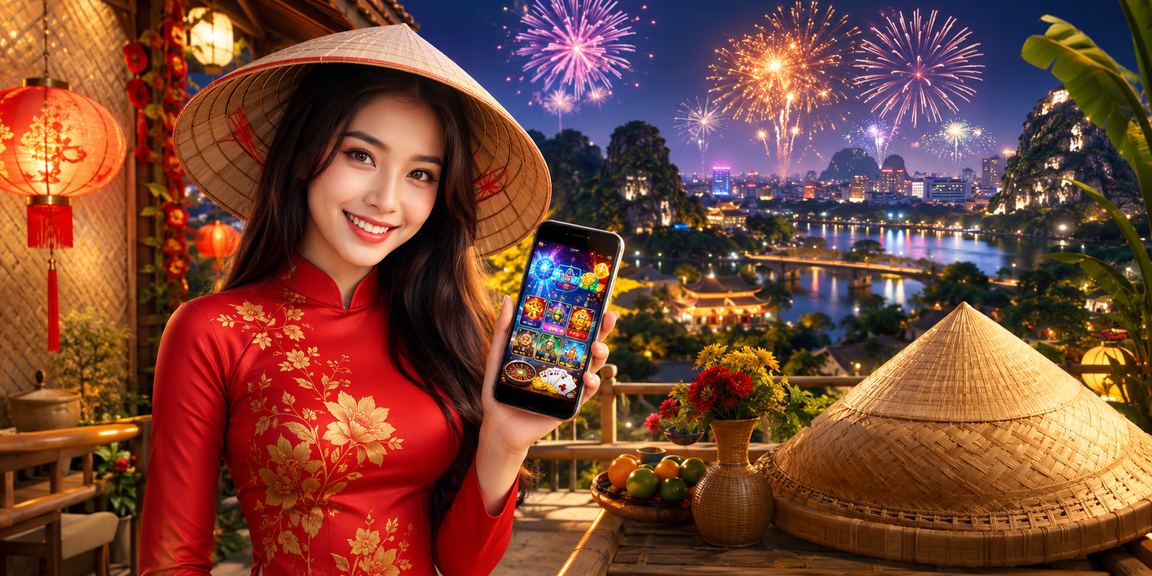 Người dùng tại Ninh Bình mở casino mobile trong khung cảnh nón lá